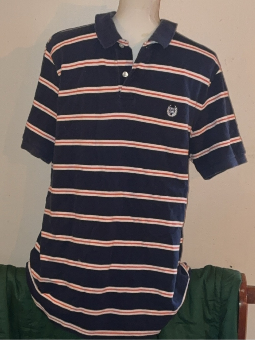 Chaps Navy White Orange Striped Polo Shirt Size Medium Classic Preppy